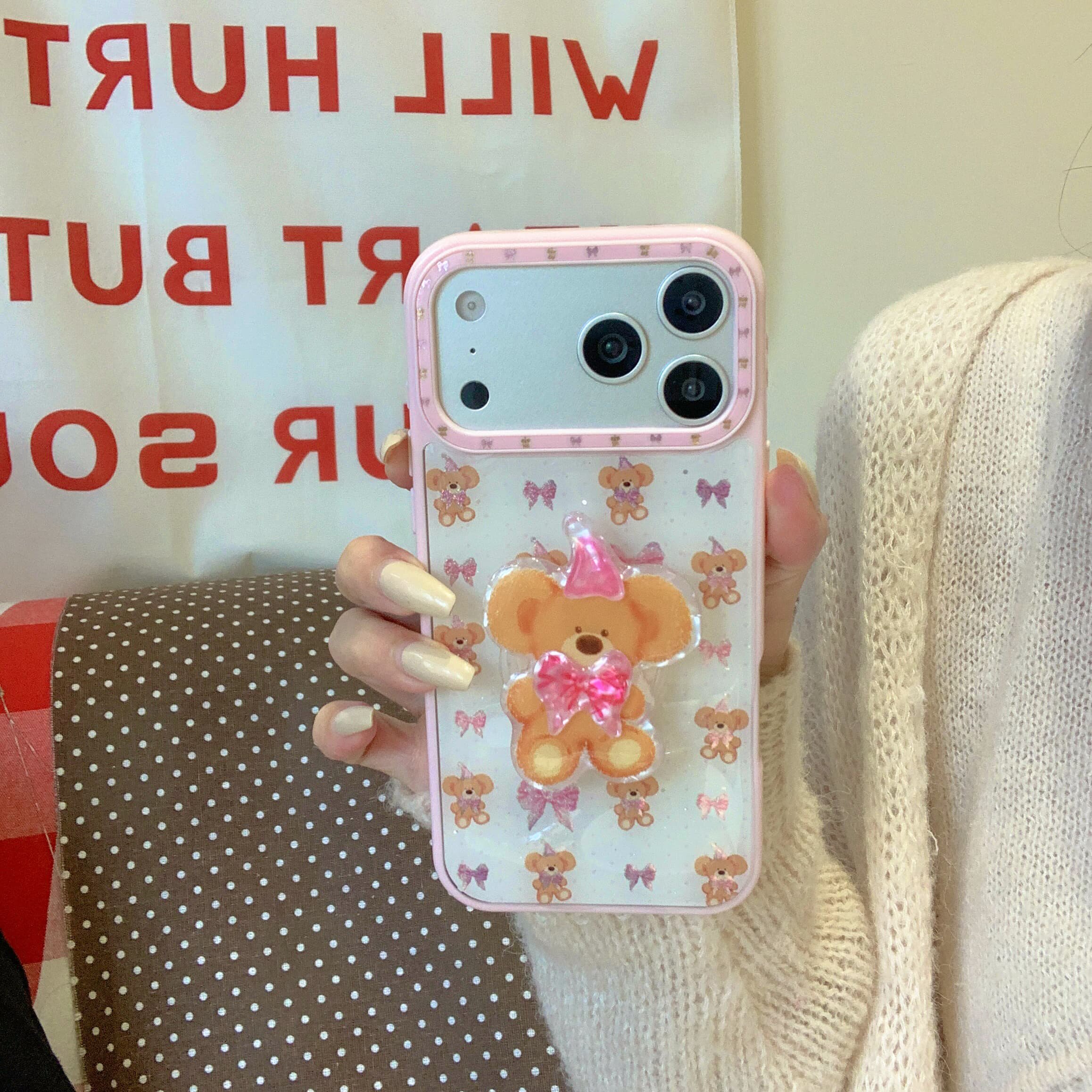 创意可爱粉色蝴蝶结大耳朵熊亮面磁吸适用苹果17promax手机壳15全包按键大视窗14/13个性立体磁吸支架16保护