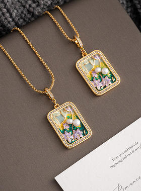 油画新中式吊坠项链女