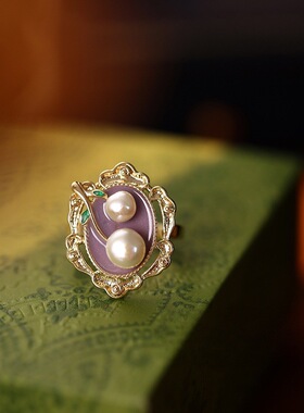 法式复古珍珠食指开口画油戒指