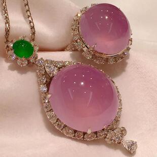 仿真高冰种紫罗兰粉玉髓水蜜桃戒指项链女奢华时尚 气质高级感套装