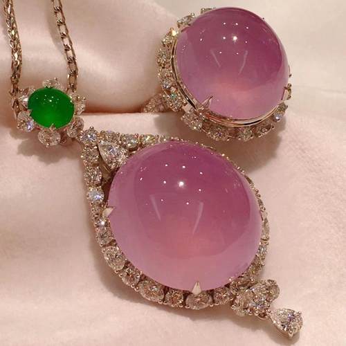 高冰种紫罗兰粉玉髓水蜜桃套装