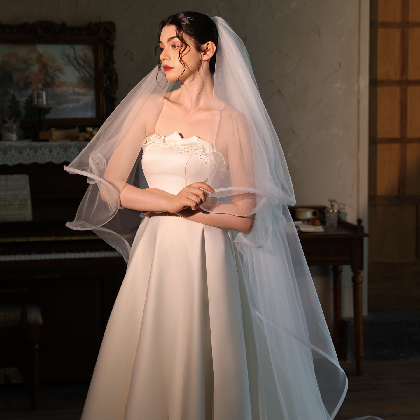 法式卷边遮面新娘婚纱头纱 长款双层结婚大拖尾拍照样片头饰