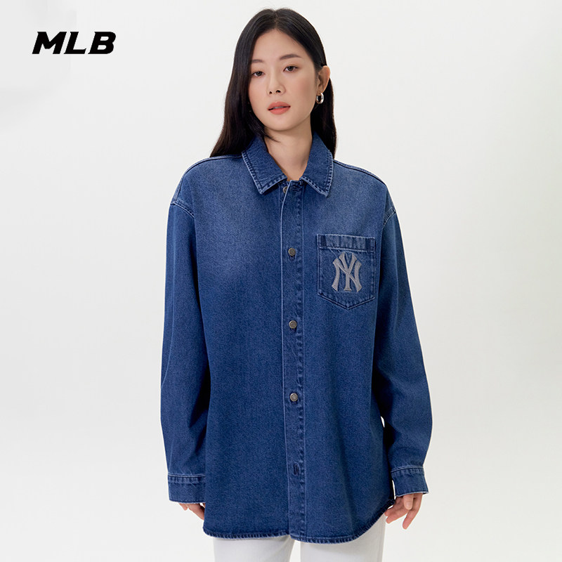 MLB官方男女情侣时尚百搭长袖背标大LOGO牛仔衬衫25秋季新款DRB03