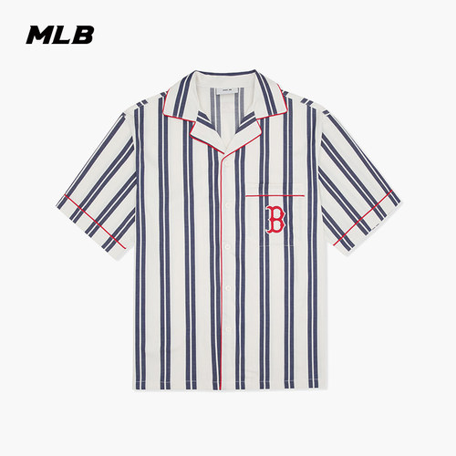 MLB官方 男女情侣梭织条纹衬衫运动宽松短袖外套夏季WS601