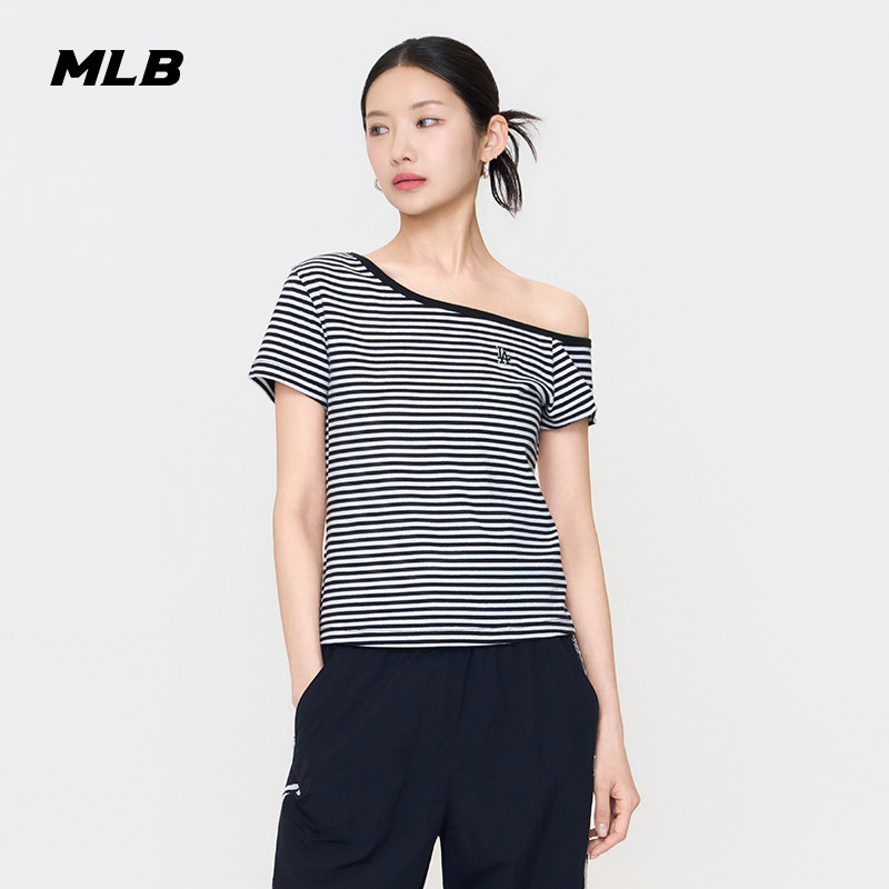 MLB官方 女款潮流时尚学院风条纹斜肩T恤26夏季新款百搭舒适TSV56