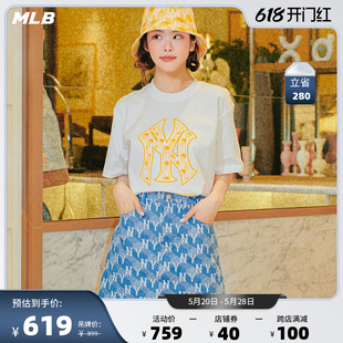 女款 MLB官方 几何老花牛仔短裙A字裙休闲时尚 潮23夏季 DSM03