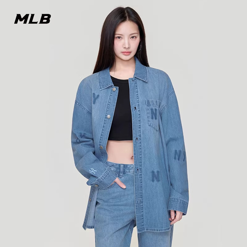 MLB官方 男女同款休闲宽松潮流复古LOGO牛仔衬衫26春季新款DRG01