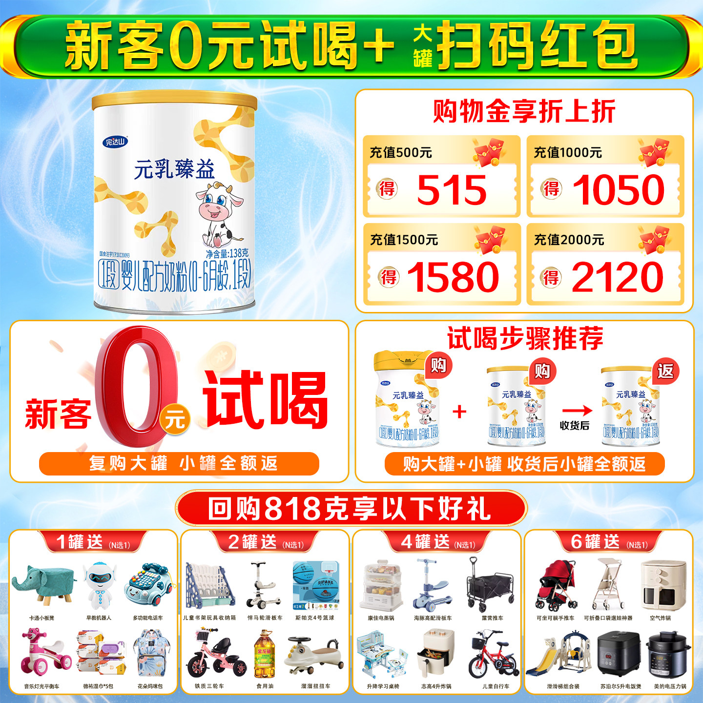 【0元试喝】完达山元乳臻益1段138g新生儿奶粉0-6个月DHA乳铁蛋白