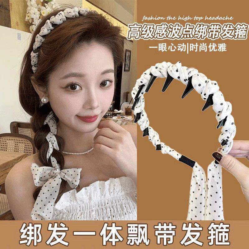 百搭波点飘带发箍女新款一体绑发丝带气质丝巾绑发外出编发头饰品
