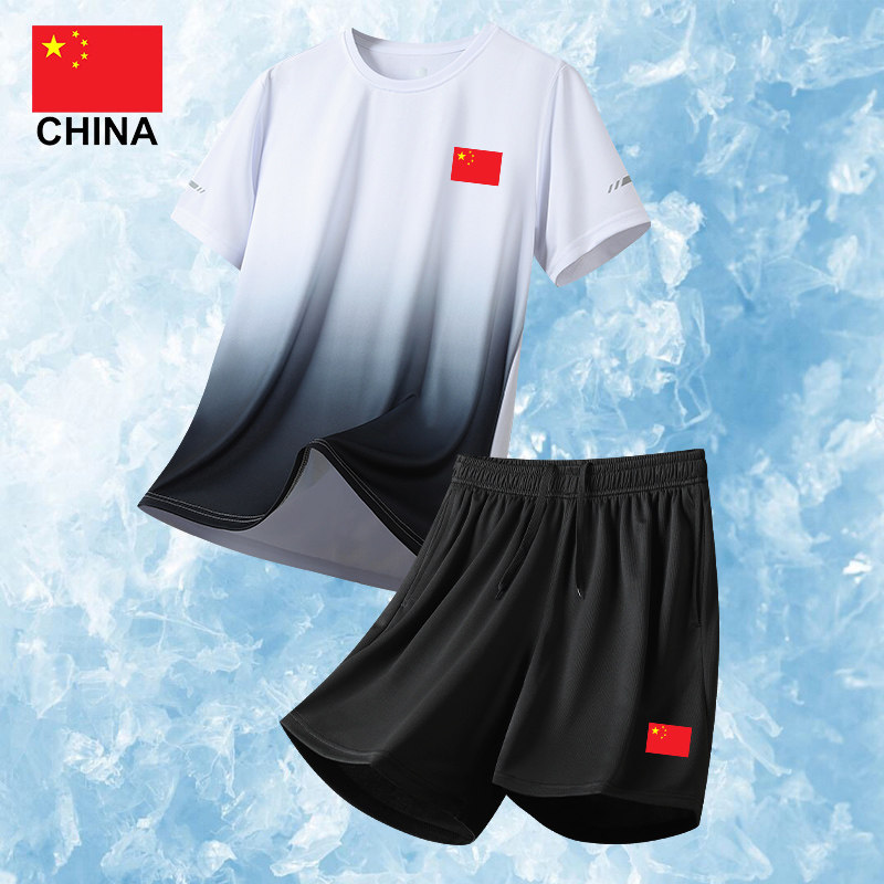 国家队夏季通勤健身两用套装男速干短袖短裤篮球羽毛球服定制logo