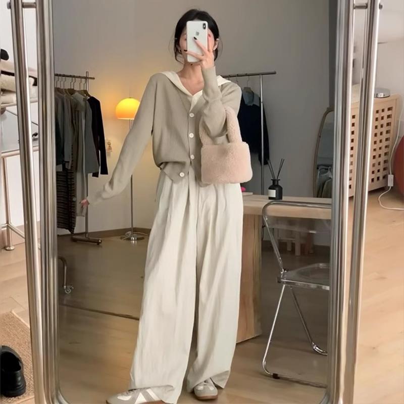 闲假两女件针织开衫秋冬季小个子宽松短13097休连帽毛衣外套长袖