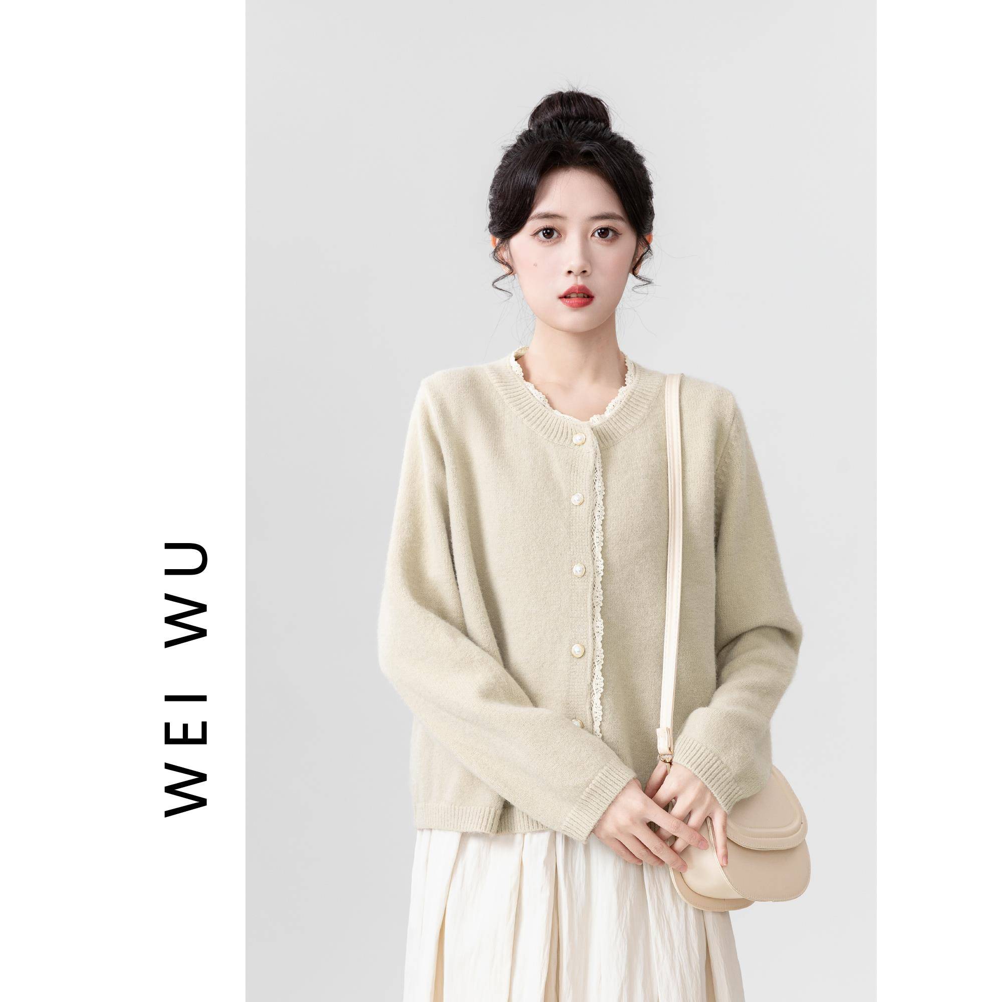 小风圆领毛衣外春秋2024新女款温香柔风蕾丝花边针JM1F6J20织开衫