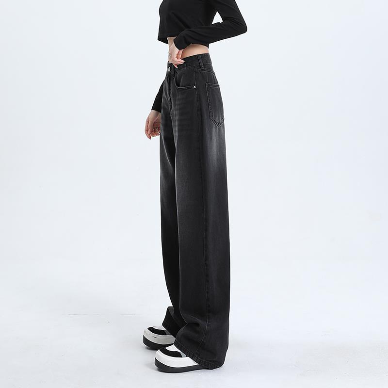 BAW-N11039裤黑灰色阔腿加W绒牛仔女秋冬高腰宽松休闲直筒裤垂感K