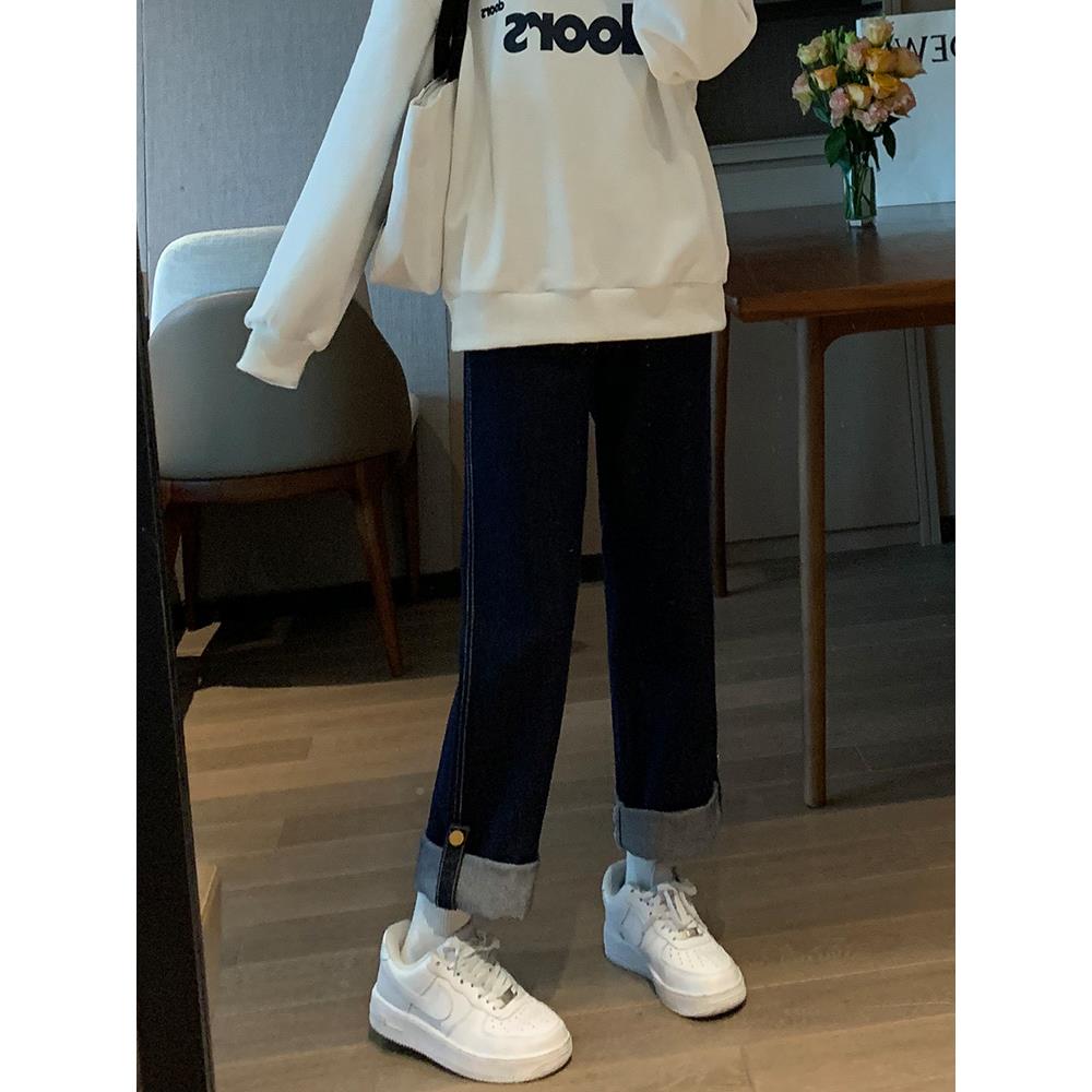 年深蓝高腰宽阔腿牛仔裤2女0P32025春秋新款窄版直筒松卷边小个子