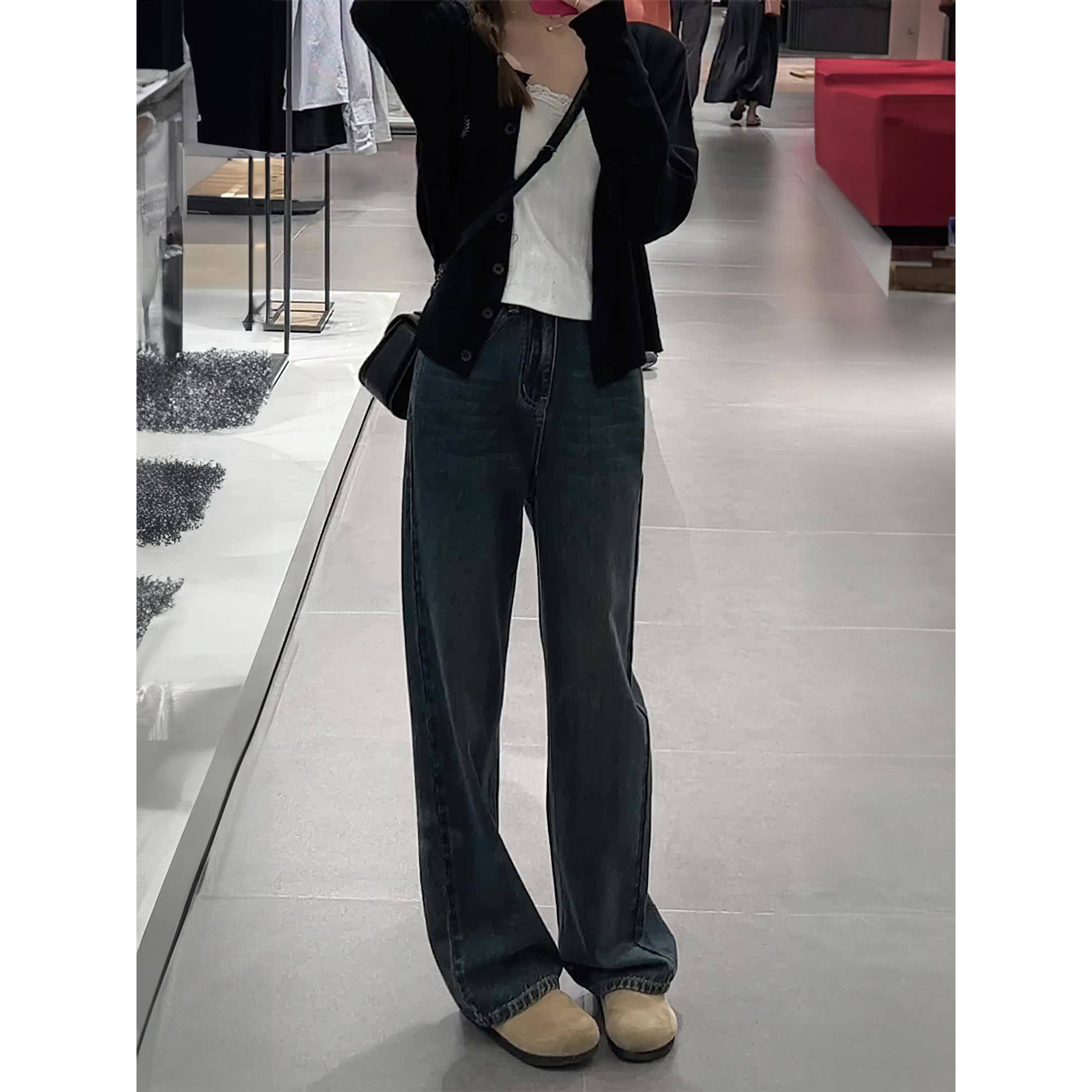 蓝灰直筒季牛仔胖裤女秋新款JWG妹妹mm高腰显瘦阔腿长裤裤梨形身