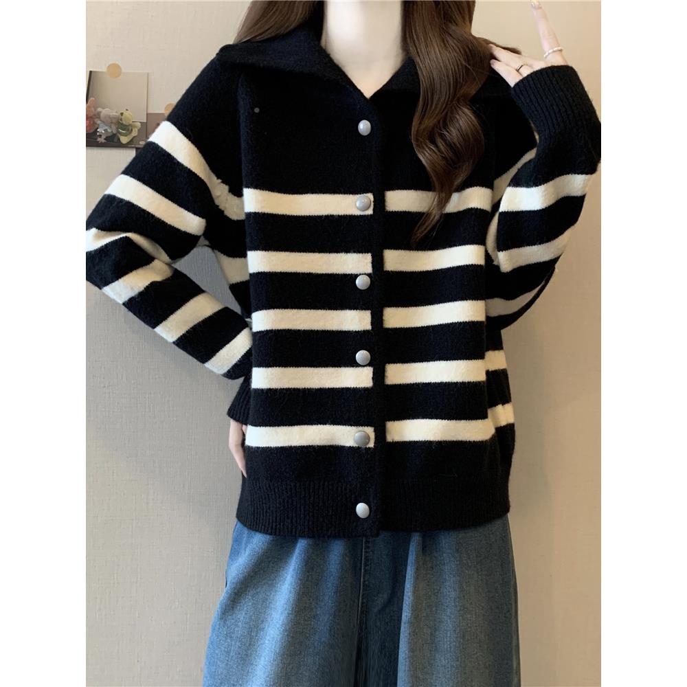 学B252院风翻m领针织开衫外套女春秋大码胖m条纹上衣今流年行爆款