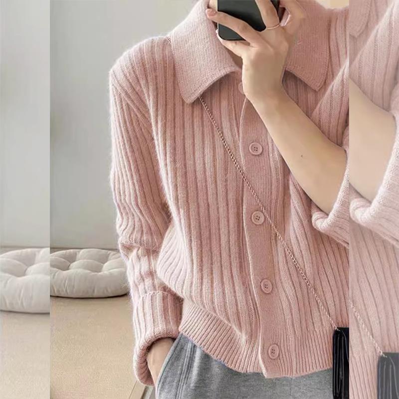 粉色pol软o领毛衣衫外套女小个子秋冬11280高翻级感糯开宽松领针