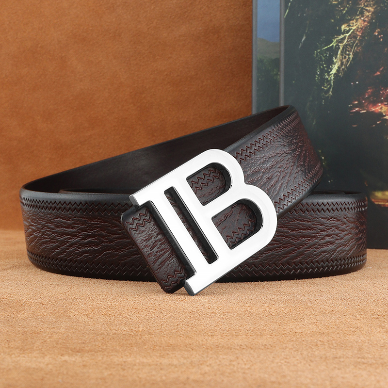 单层纯皮大男士皮带复古潮流B字母棕色平滑扣腰带时尚百搭宽裤带