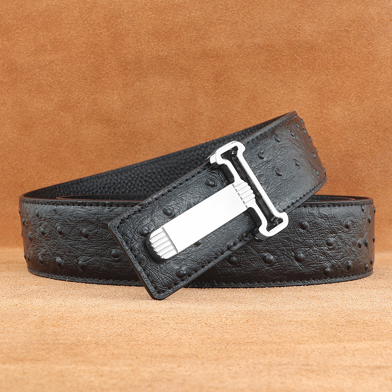 男士皮带潮流个性真皮韩版平滑扣T字母腰带3.8CM宽鸵鸟纹灰裤带