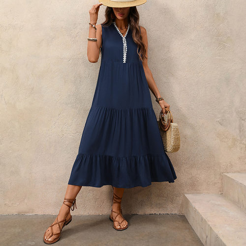 撞色荷叶边连衣裙女Color blocking ruffle edge dress for women