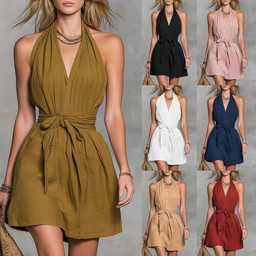 挂脖V领系带连衣半裙 Hanging neck V-neck tie up half skirt