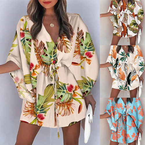 V领系带印花女士连衣裙V-neck lace up printed women's dress