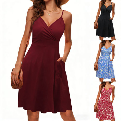 V领吊带女士休闲连衣裙V-neck camisole women's casual dress