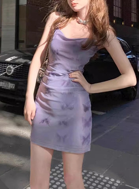 French purple floral suspender dress法国紫色碎花吊带连衣裙子