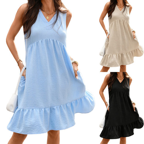 V领缩褶女士无袖连衣裙V-neck pleated women's sleeveless dress