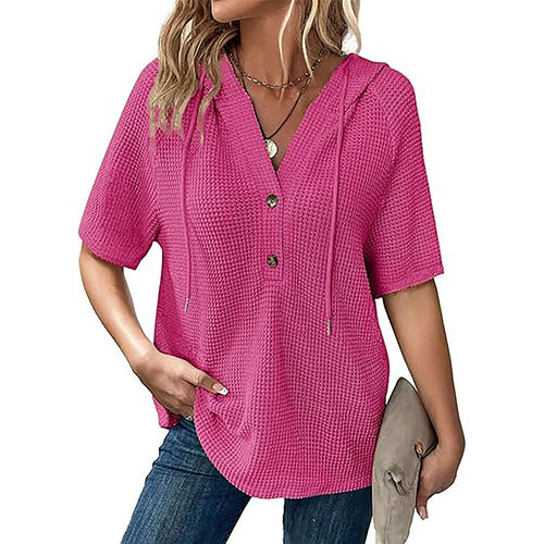 抽绳纽扣V领衬衫上衣 Drawstring button V-neck shirt top