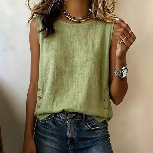 圆领无袖纽扣上衣女Round neck sleeveless button uptopforwomen