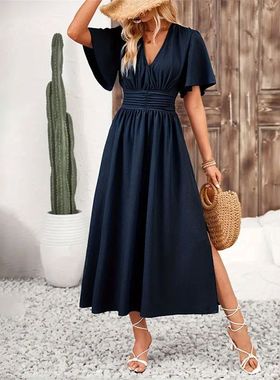 Lotus leaf sleeve slit elastic waist dress开叉松紧腰连衣裙女