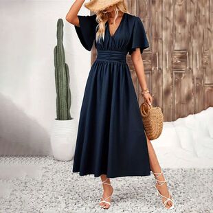 Lotus leaf sleeve slit elastic waist dress开叉松紧腰连衣裙女