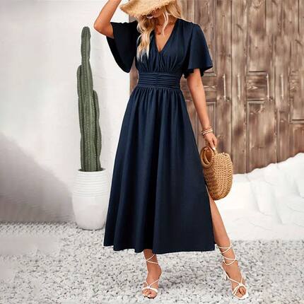 Lotus leaf sleeve slit elastic waist dress开叉松紧腰连衣裙女