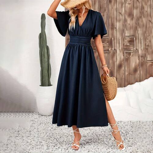 Lotus leaf sleeve slit elastic waist dress开叉松紧腰连衣裙女