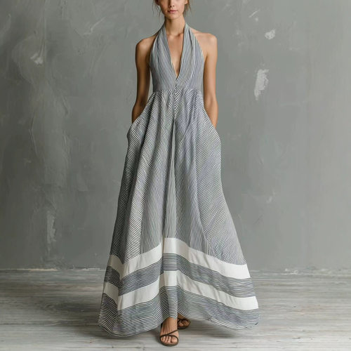 V领条纹无袖连衣裙女V-neck striped sleeveless dress for women