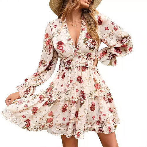 V领蕾丝印花长袖连衣裙V-neck lace printed long sleeved dress