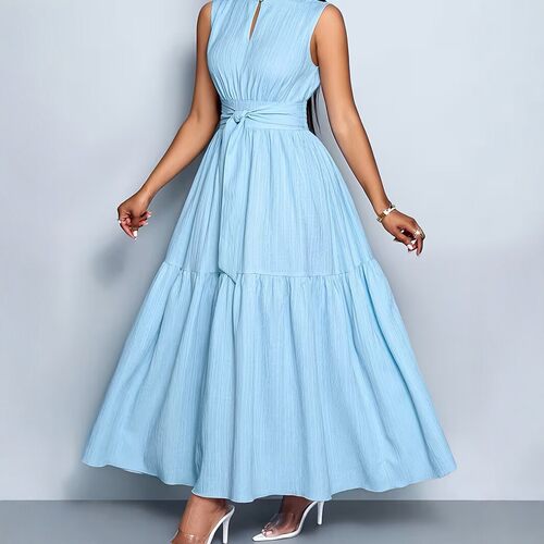 V领无袖压褶女士连衣裙V-neck sleeveless pleated women's dress