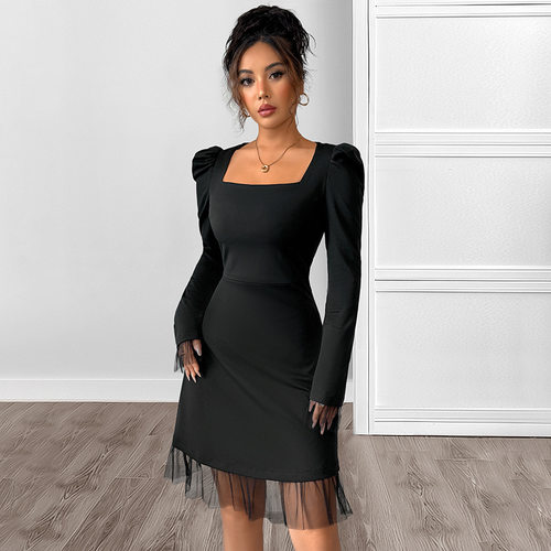 方领泡泡长袖连衣裙  Square neck bubble long sleeved dress