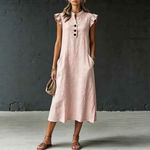 无袖荷叶边纽扣连衣裙   Sleeveless ruffled button up dress