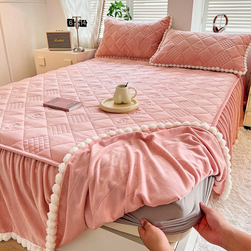 牛奶绒夹棉毛毯床笠床裙一体高端单件床罩2023新款冬季加绒床裙款