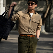 宽松休闲翻领长袖 古叔 衬衣外套男春秋 复古重磅工装 衬衫 着 美式