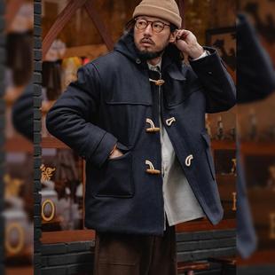 古叔的着 牛角扣羊毛呢子外套男冬季宽松加棉中长款连帽毛呢大衣