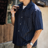 着 新款 古巴领棉麻短袖 男夏季 休闲复古肌理感条纹衬衣 衬衫 古叔