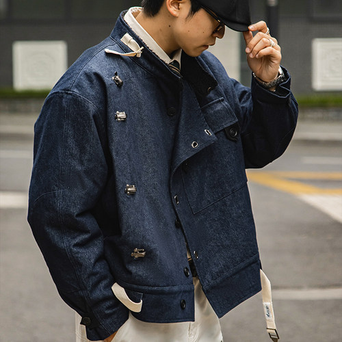 古叔的着美式复古牛仔机车夹克男