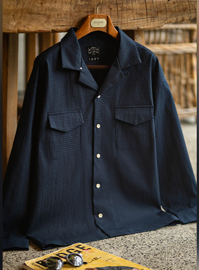 古叔的着「绅痞」泡泡纱古巴领长袖衬衫男秋季新款休闲衬衣上衣