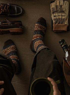 古叔的着 美式复古民族风袜子中筒阿美咔叽纯棉粗针织长袜男春秋