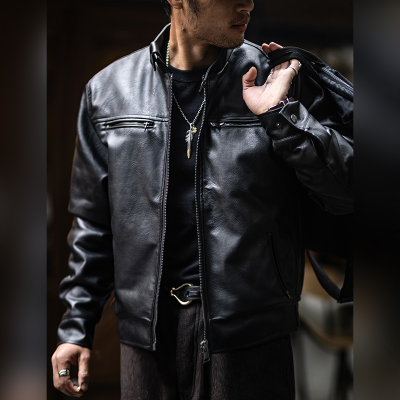 皮特同款荔枝纹pu皮夹克外套