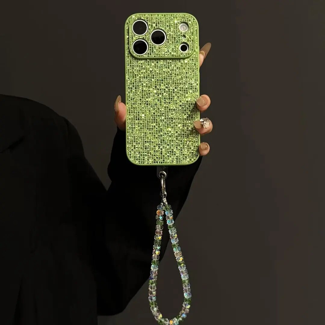 绿色闪亮片闪钻适用苹果华为vivo/oppo红米小米荣耀手机壳新款精孔防摔17promax/16保护套爆款mate80/70外壳