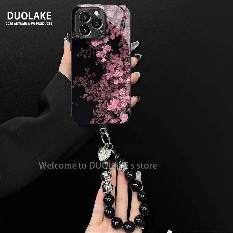 粉色花朵电镀玻璃壳适用苹果/华为荣耀/oppo/vivo/小米手机壳新款17promax全包防摔pura70女款带手链保护套潮